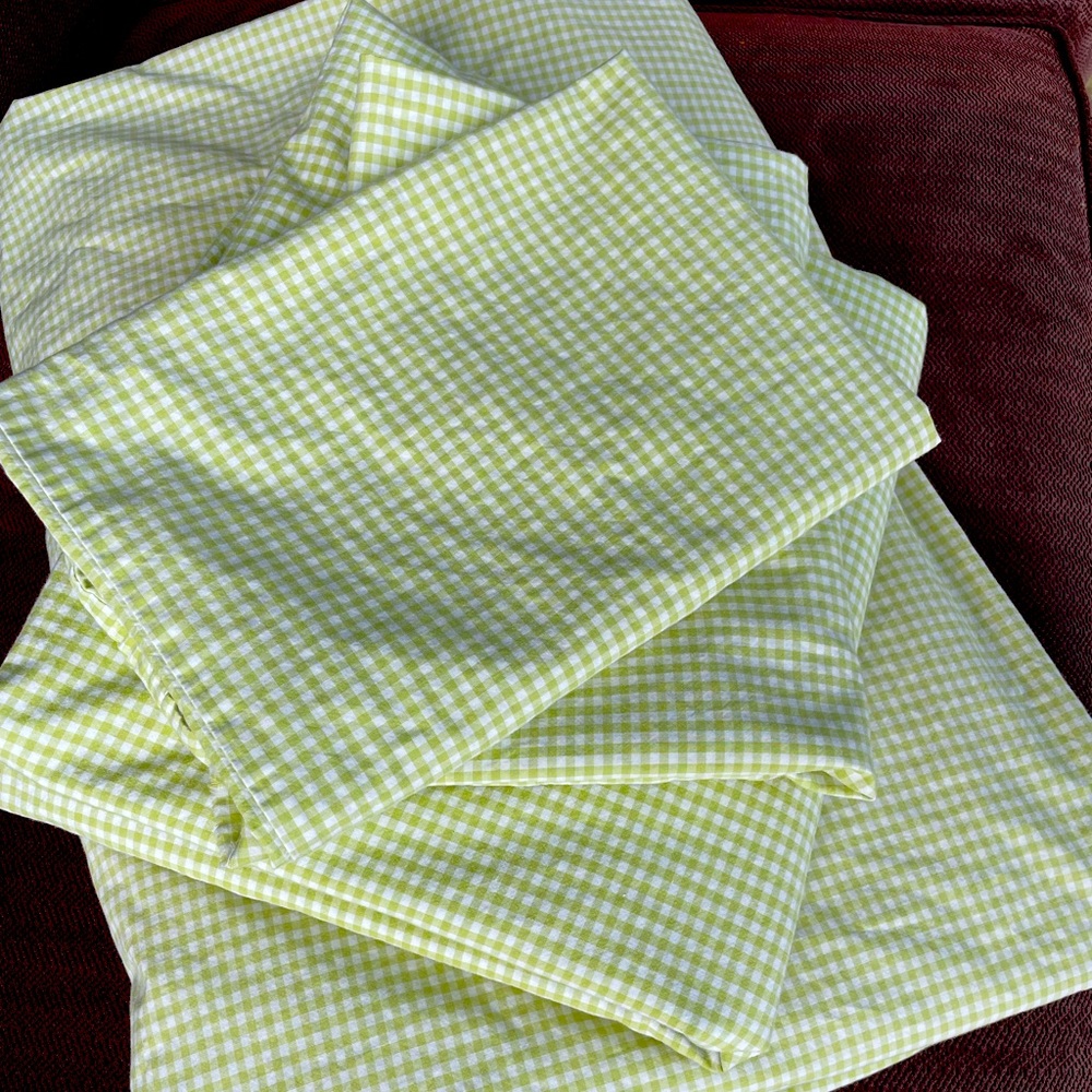 Pottery Barn Kids (PBK) green gingham sheet set.